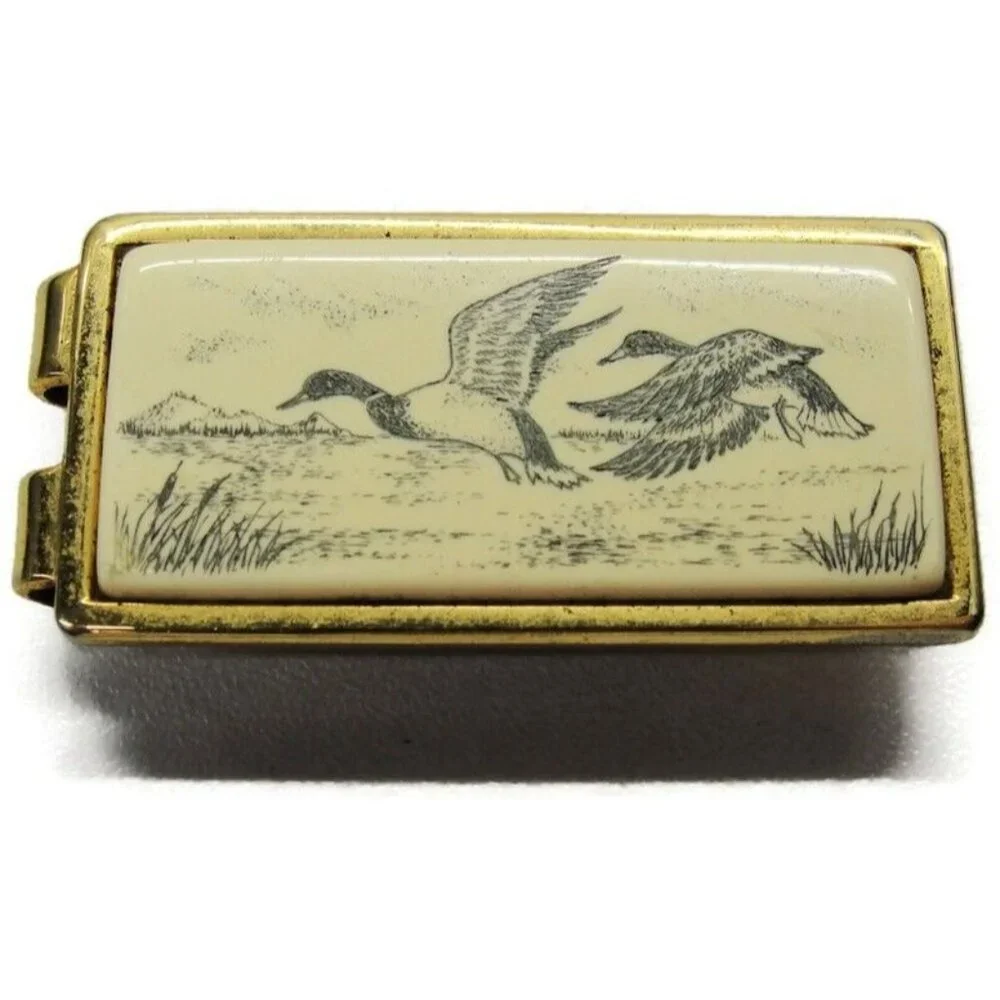 Anson Duck Geese Money Clip Gold Tone Porcelain Wallet Credit Card Cash Holder